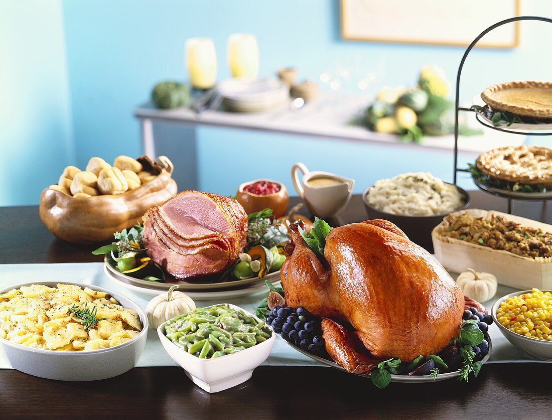 Buffet with Roast Turkey and Ham with Assorted Sides