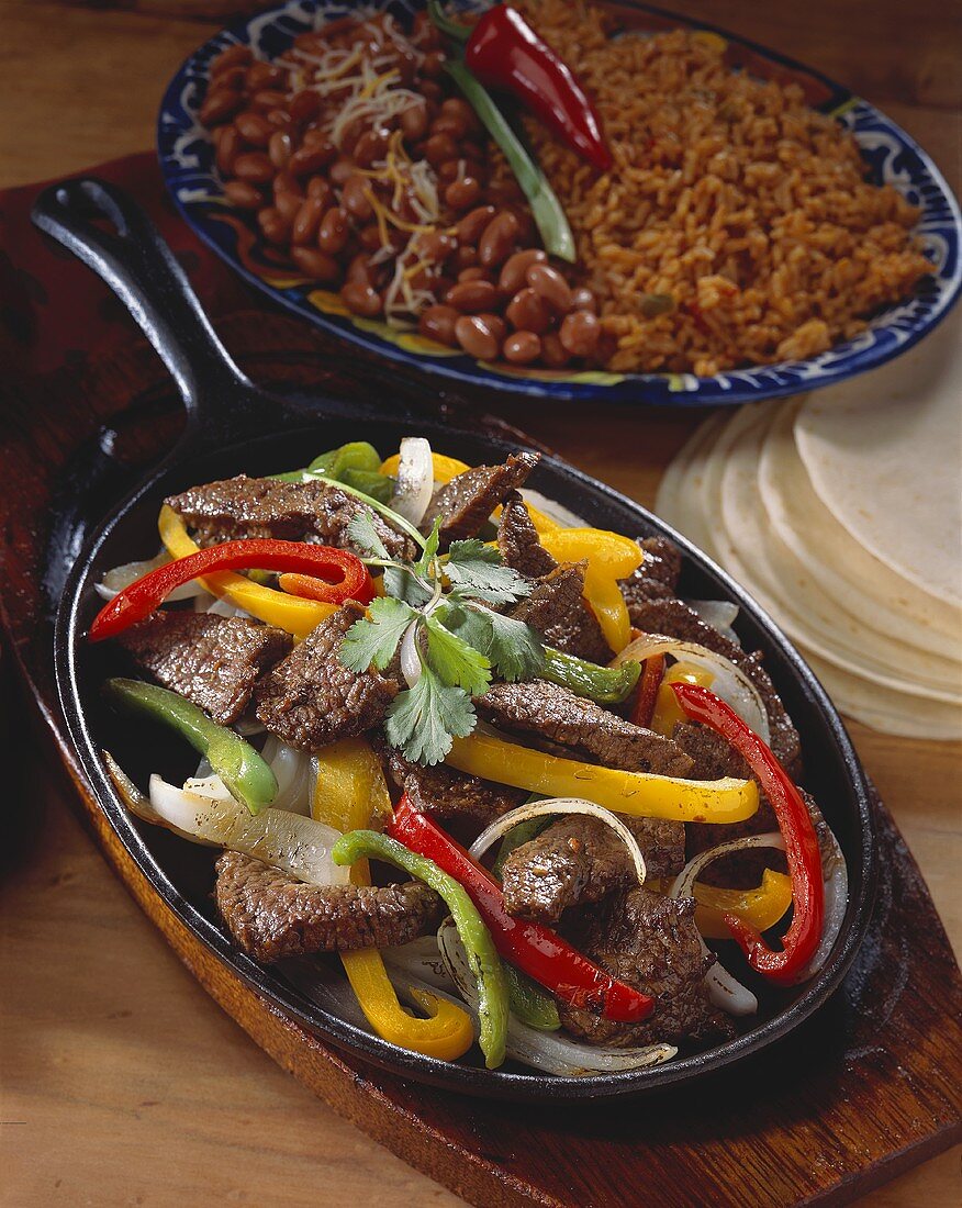 Beef and Pepper Fajita Skillet with Tortillas, Beans and Rice