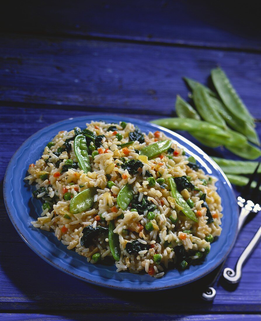 Fried Rice with Vegetables on a Blue Plate