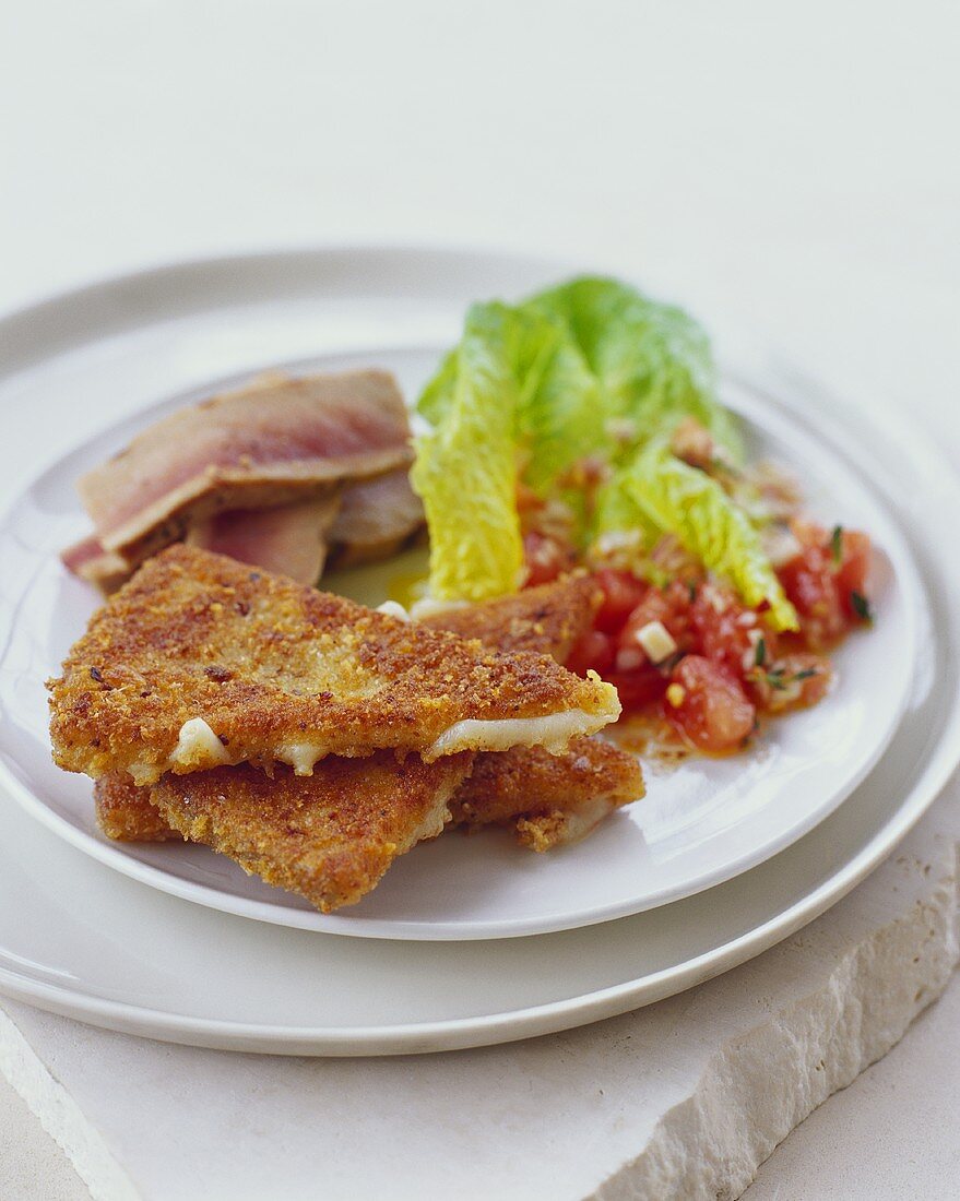 Fried Cheese Triangles; Tomatoes and Lettuce