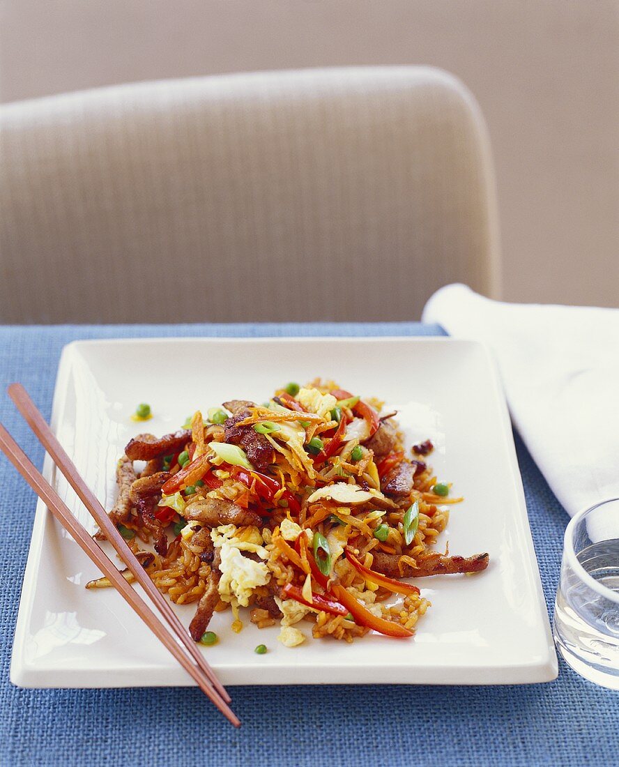 Asian Stir Fry Over Rice; Chopsticks