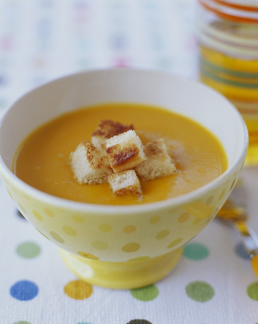 Bowl of Pumpkin Soup with Croutons