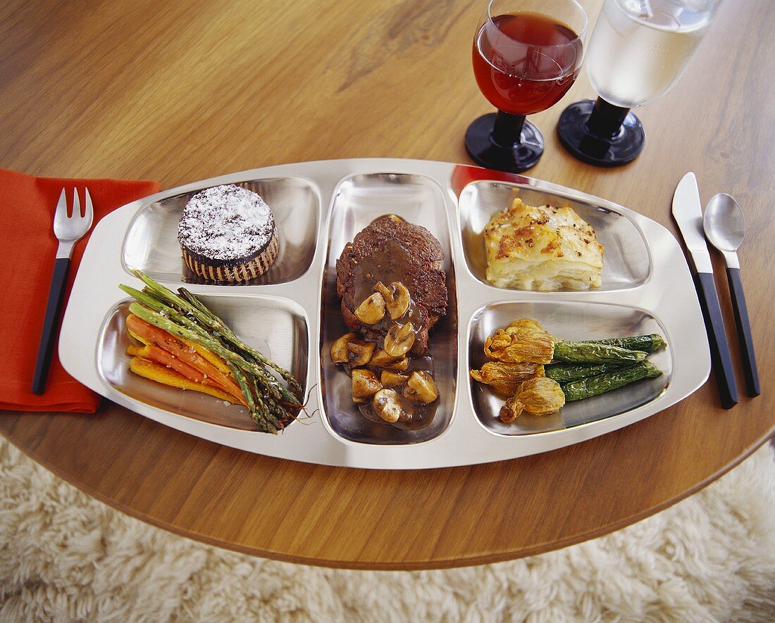 Steak Dinner on Metal Dinner Tray