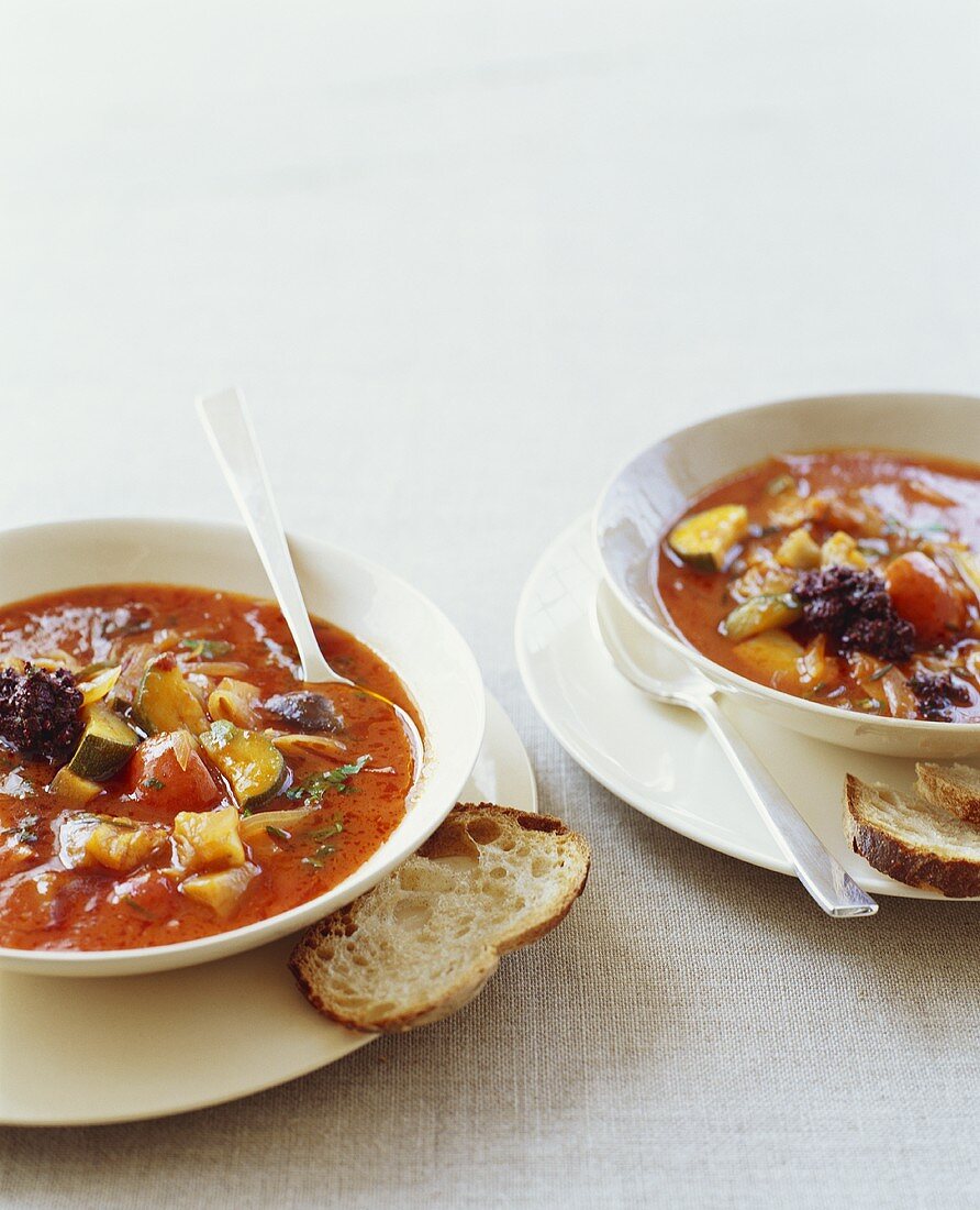 Zwei Teller Gemüsesuppe mit Brot