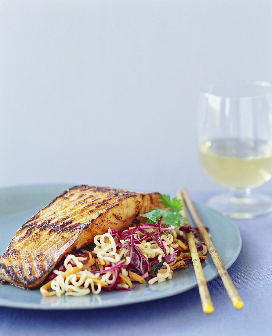 Grilled Asian Style Salmon with Noodles and Chopsticks