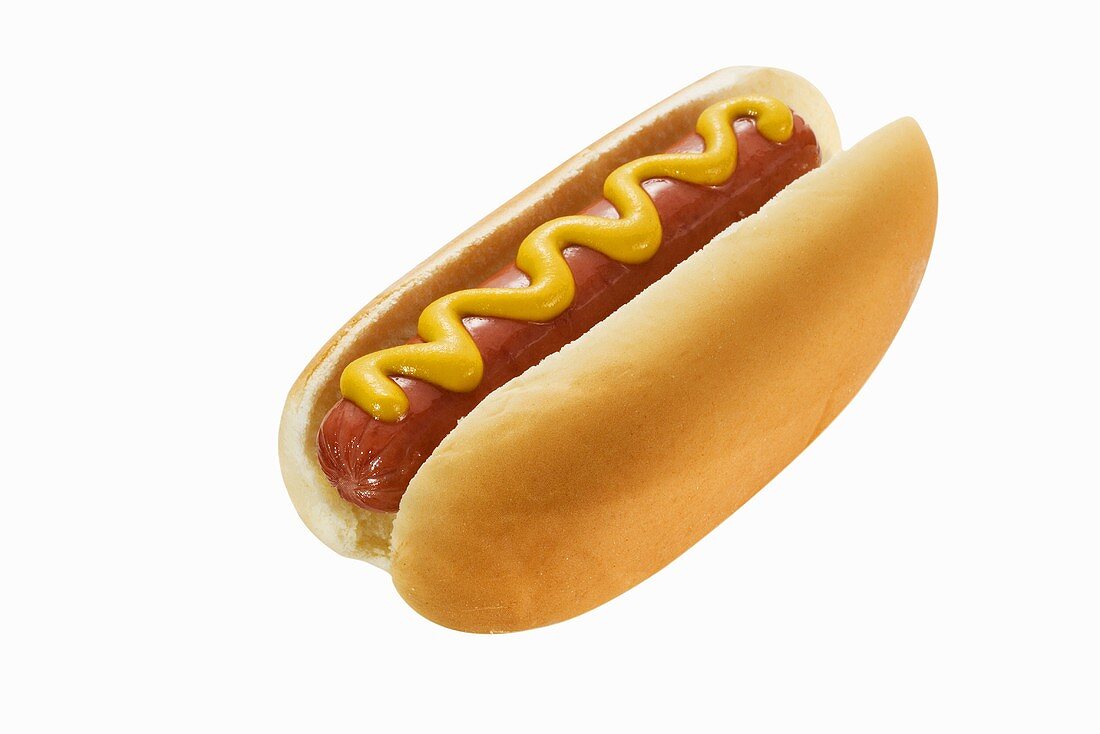 A Hot Dog with Mustard on White