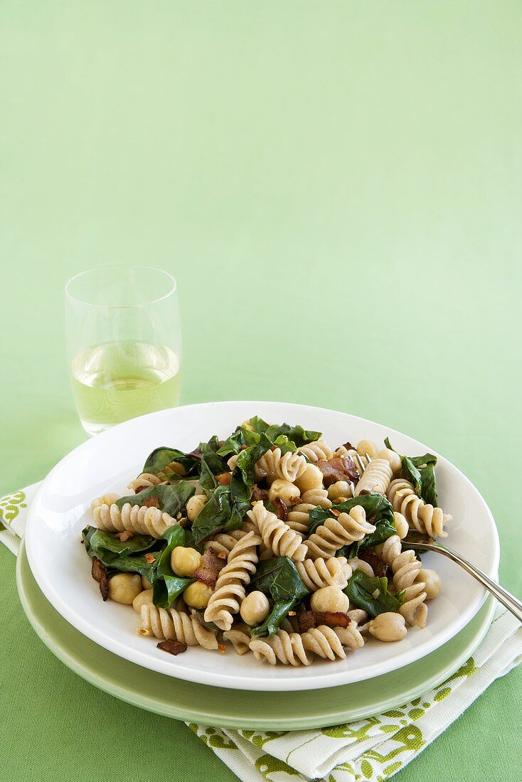Fusilli with Swiss Chard, Garbanzo Beans and Bacon
