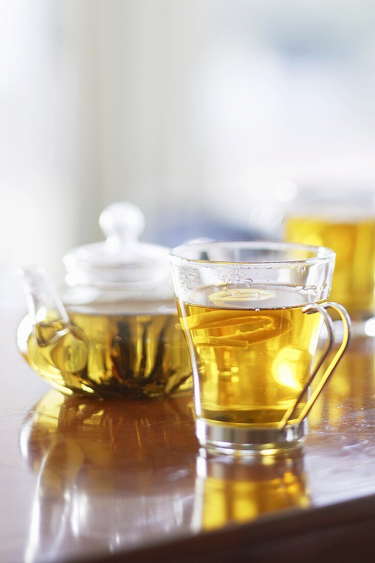 Glass Mug of Tea; Tea Pot