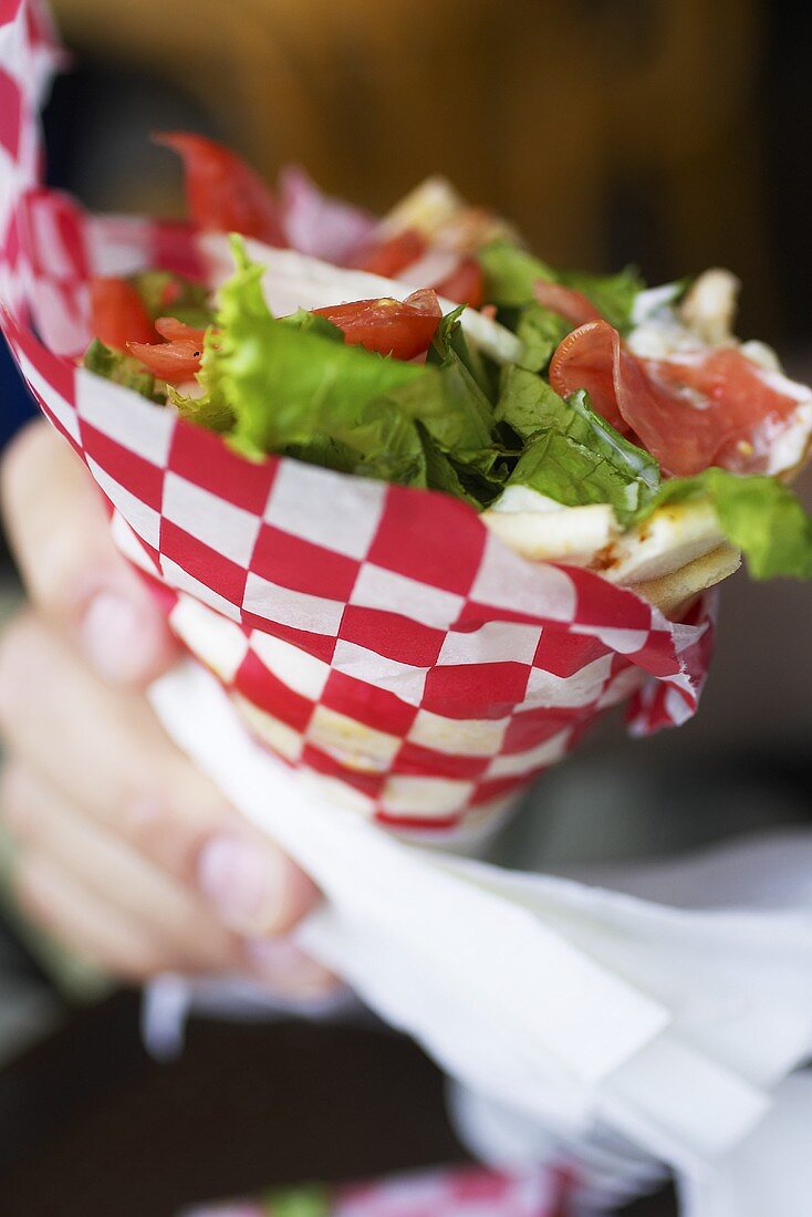 Hands Holding a Salad Filled Pita Wrapped in Paper