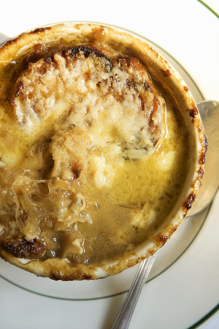 Bowl of French Onion Soup From Above