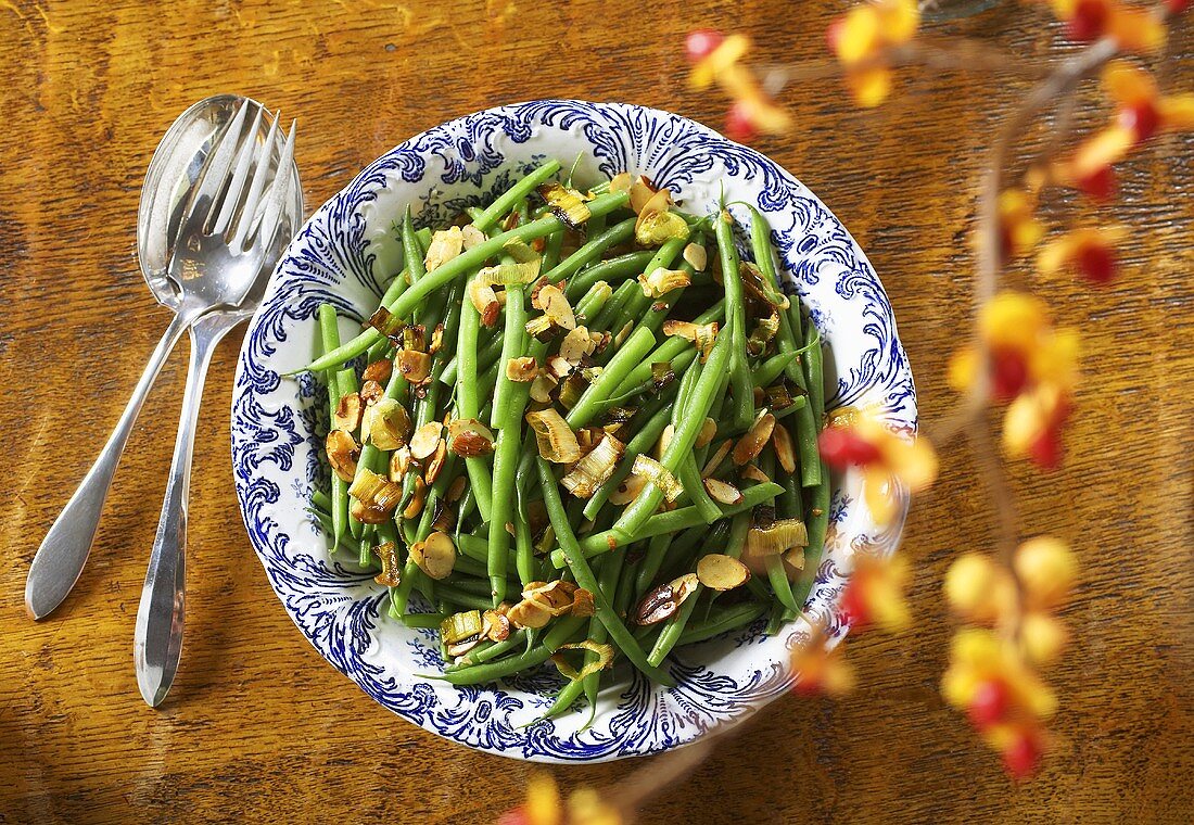 Green Beans with Almonds in a Serving Bowl