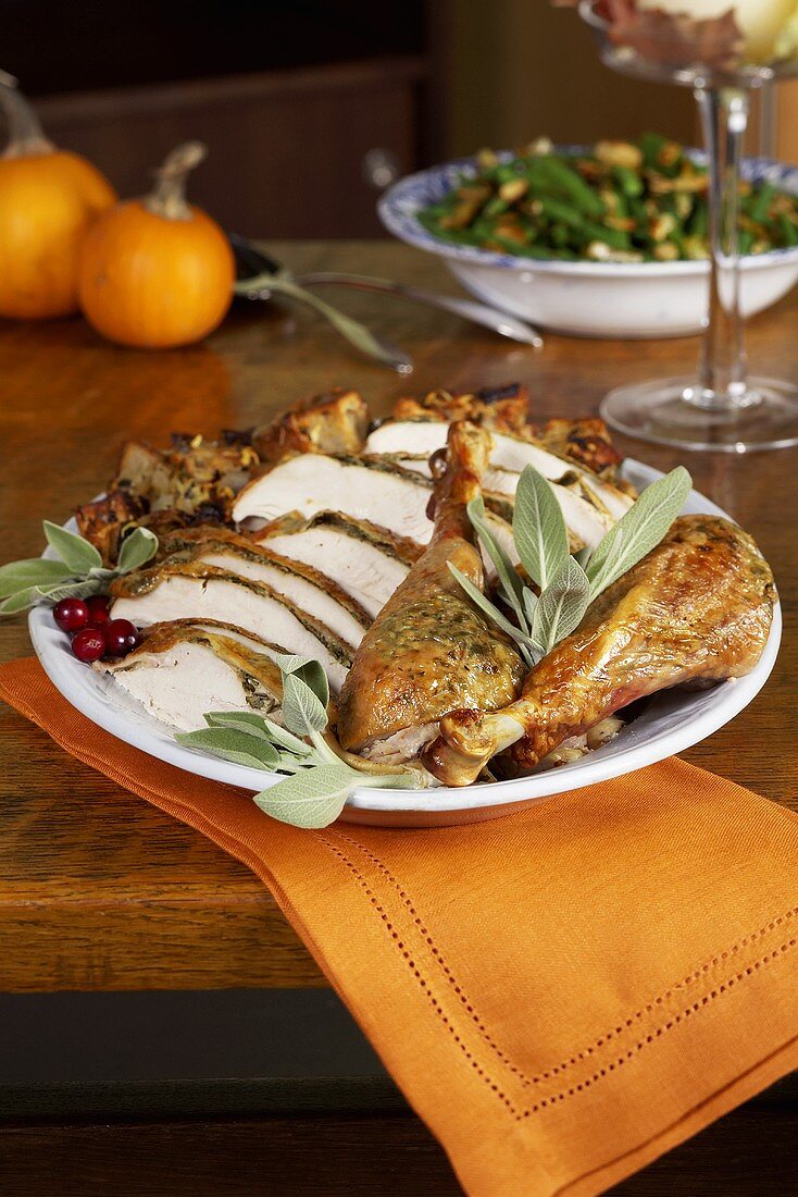 Platter with Sliced Turkey and Drumsticks; For Thanksgiving