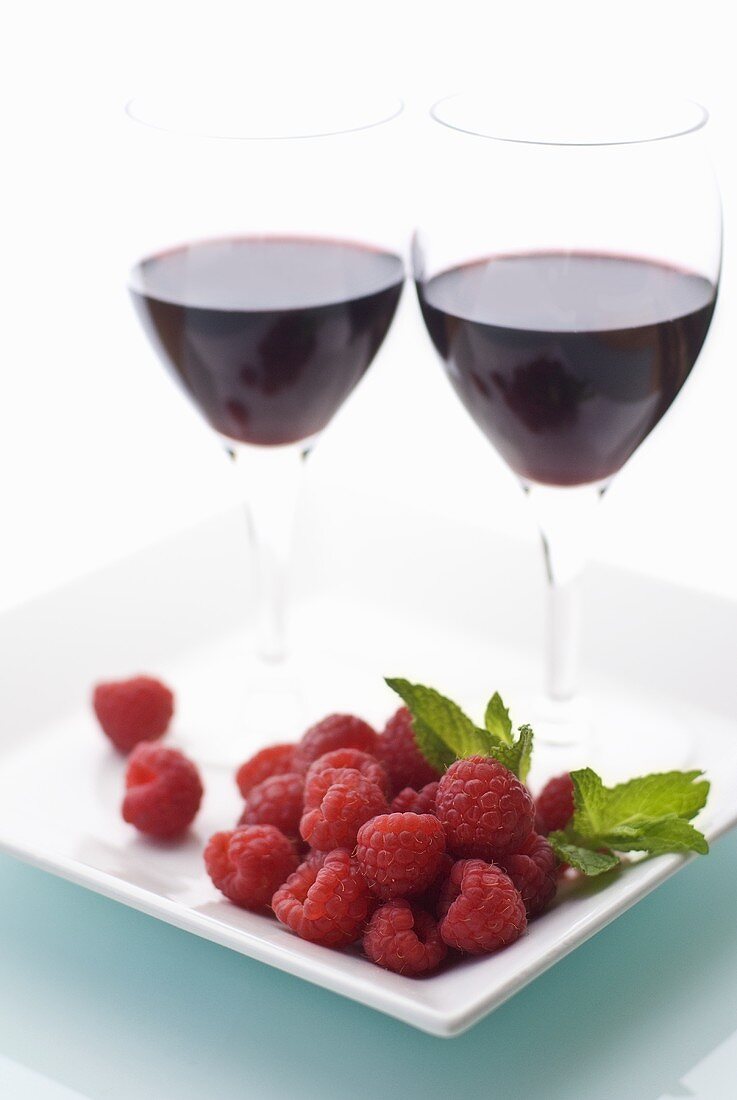 Two Glasses of Wine with Raspberries