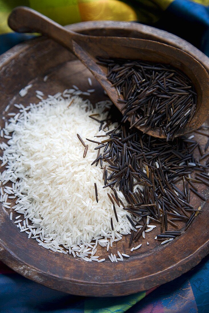 Basmati and Wild Rice in a Wooden Bowl with a Scoop