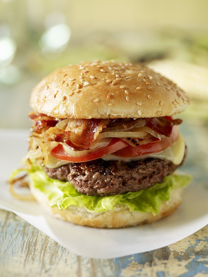 Bacon Cheeseburger with Onion, Tomato and Lettuce