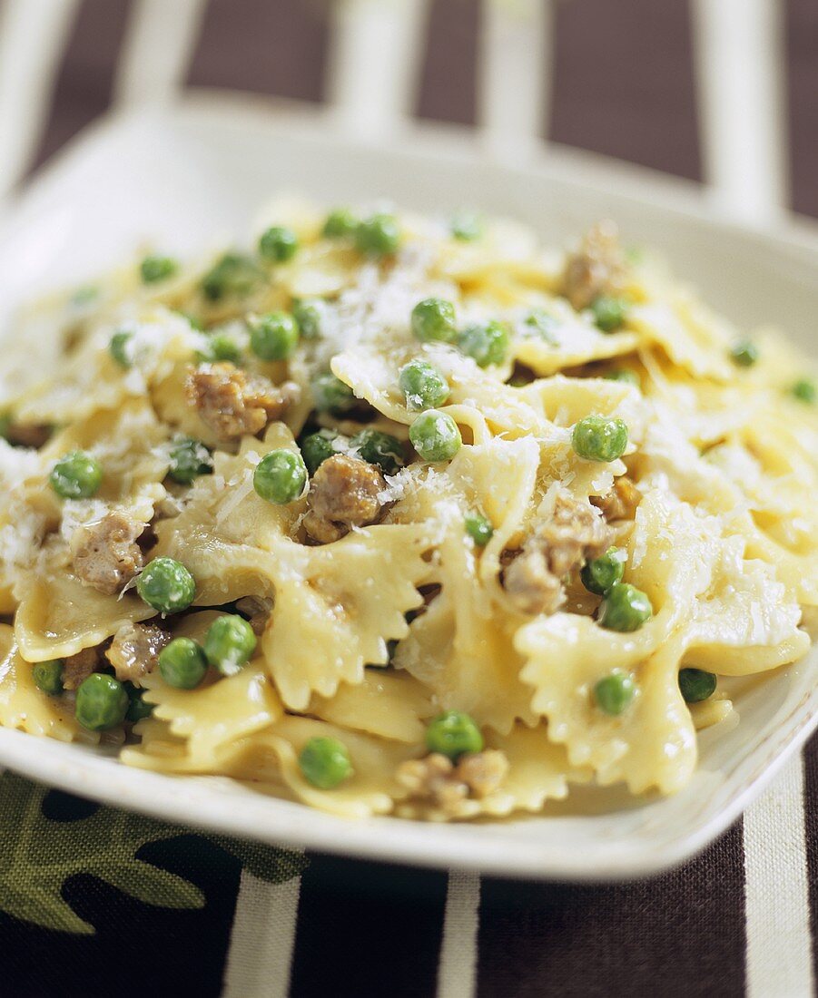 Cream Sauce with Sausage and Peas over Farfalle
