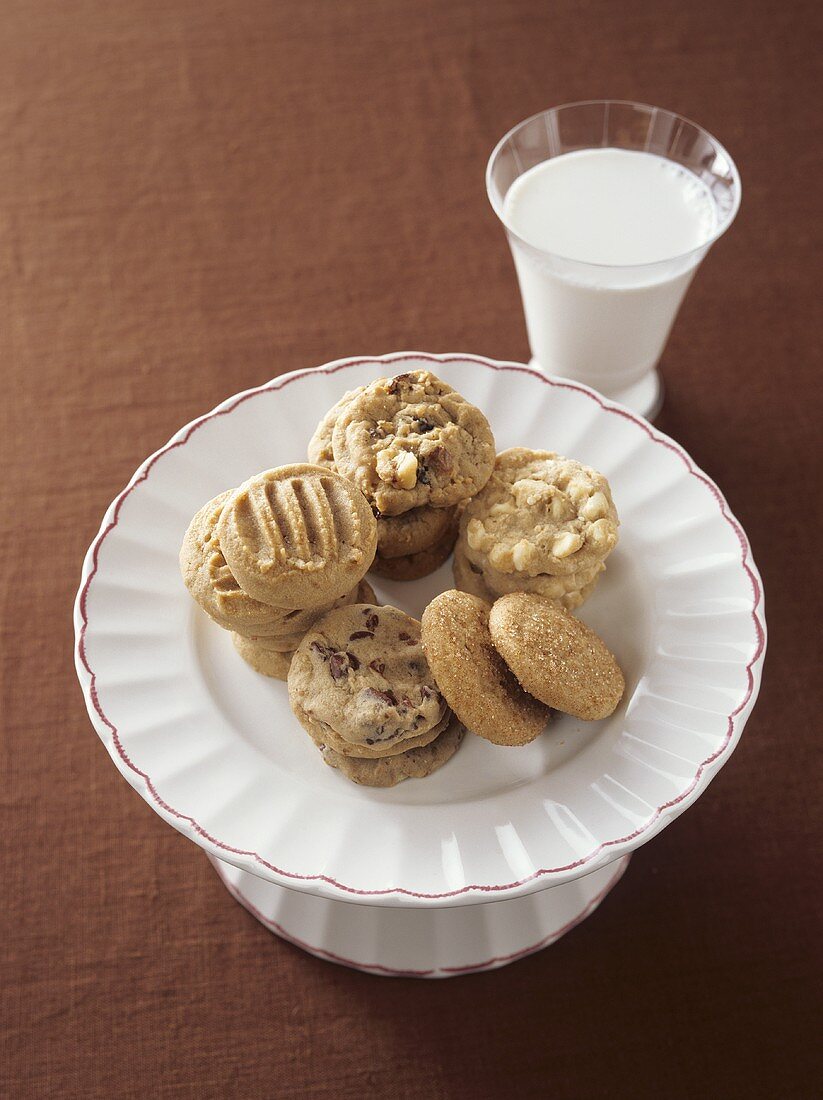 Dish of Assorted Cookies with Milk
