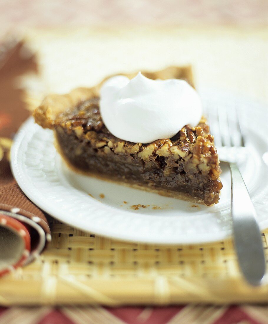 Slice of Pecan Pie with Whipped Cream Dollop