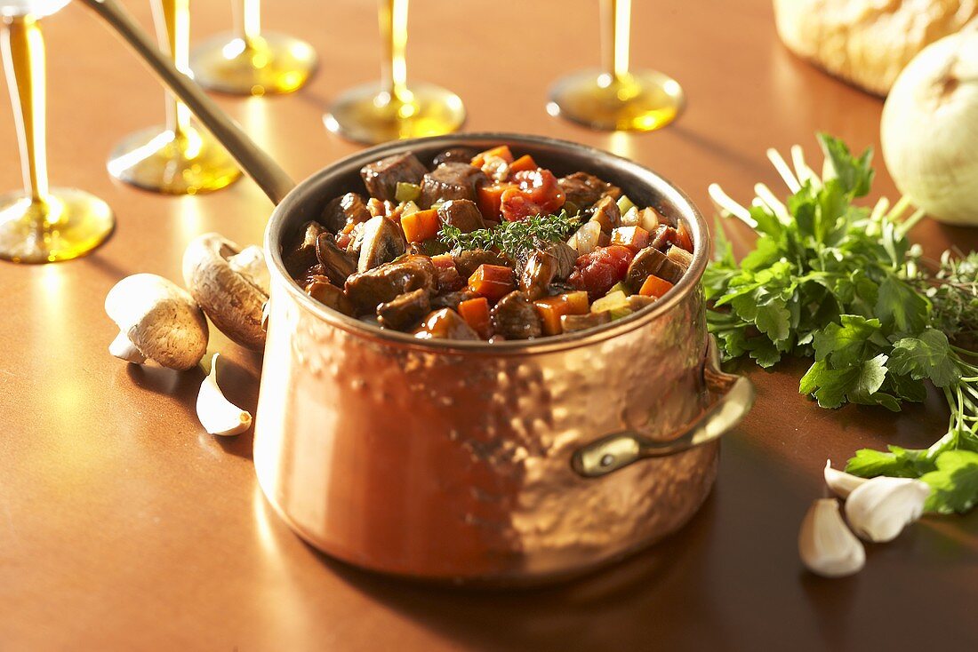 Hearty Beef Stew in a Copper Pot