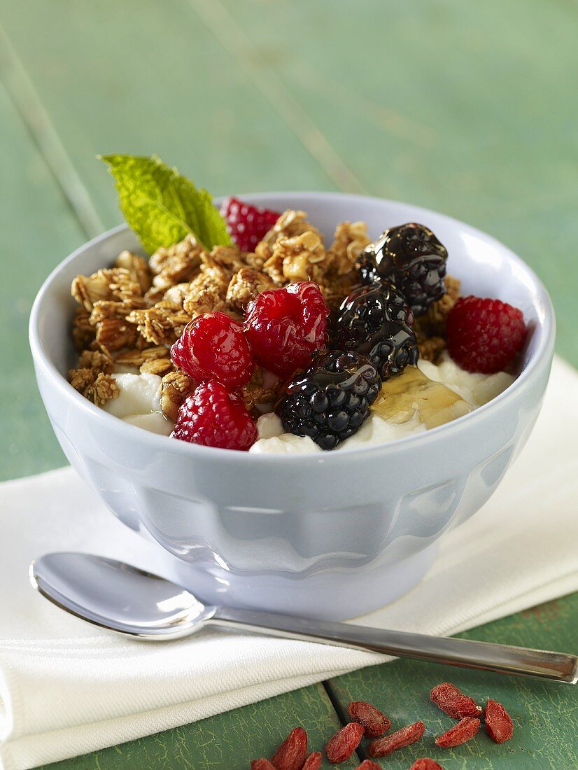Bowl of Yogurt with Granola, Berries and Honey