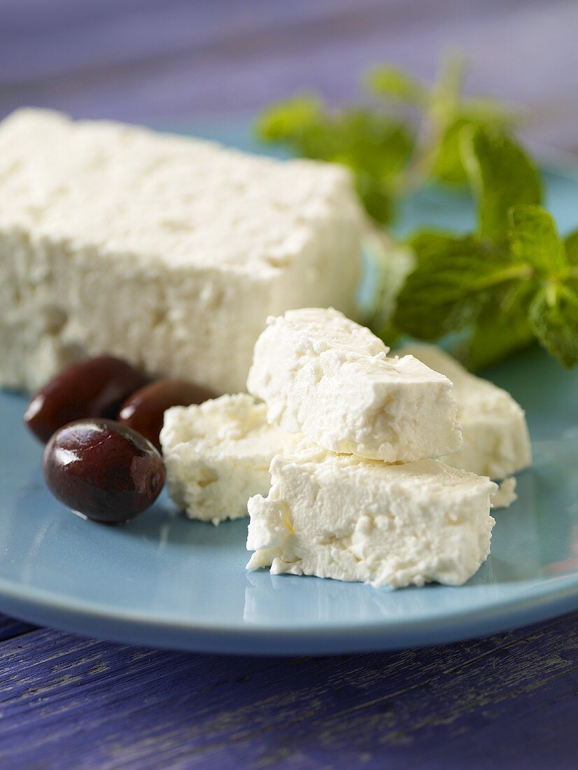 Feta Cheese and Olives on a Blue Plate