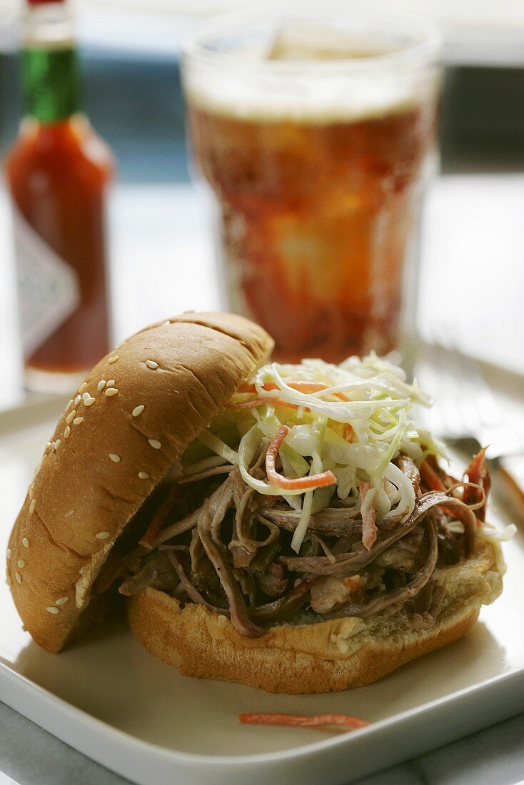 Pulled Pork Sandwich with Cole Slaw; Soda