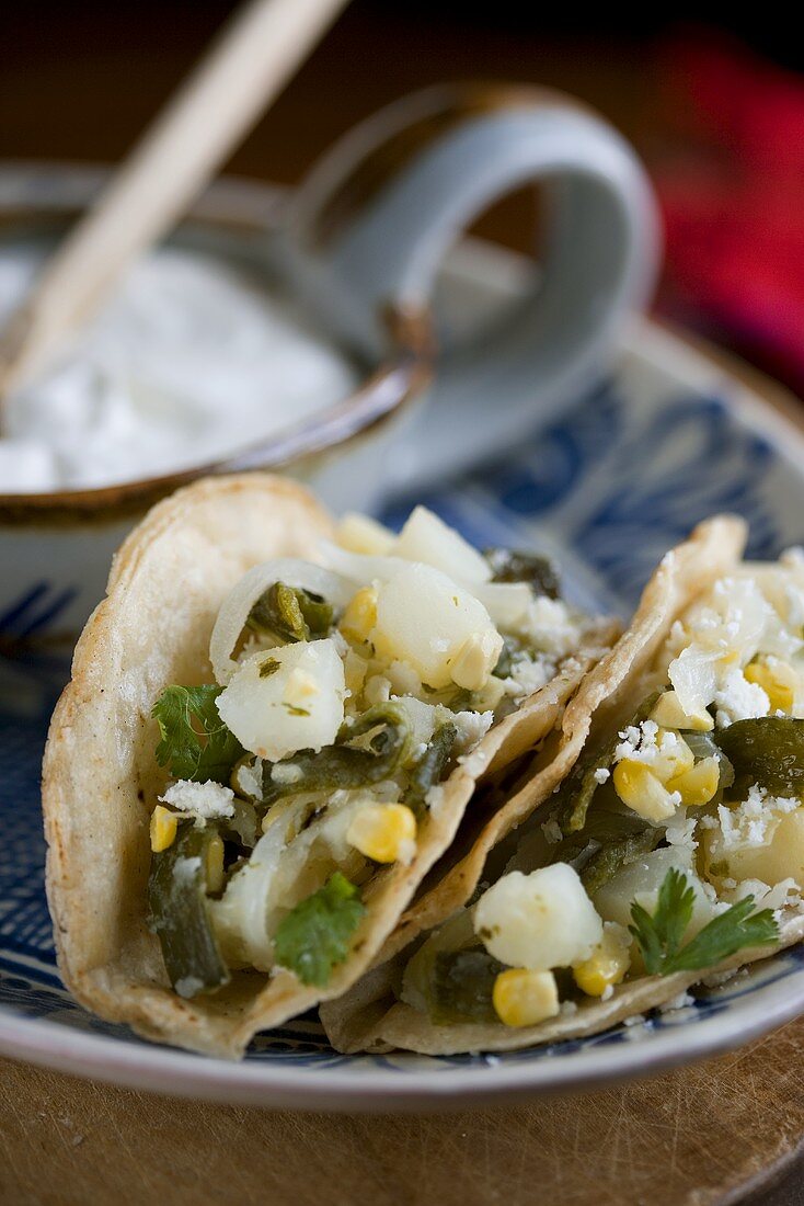 Tacos mit Gemüsefüllung und Dip (Mexiko)