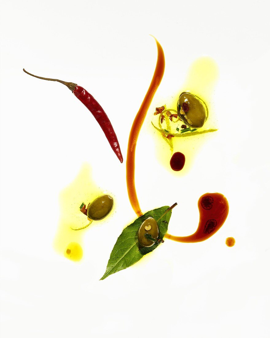 Oil and Vinegar with Olives on a White Background
