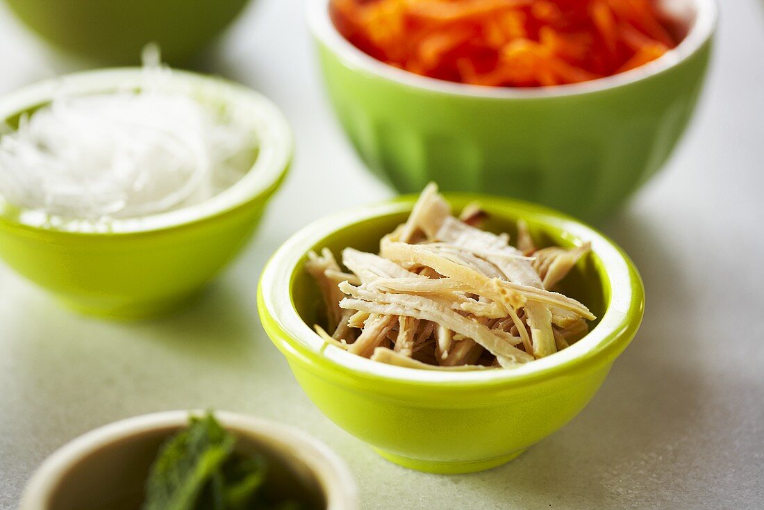 Small Bowl of Shredded Turkey; Bowls of Ingredients