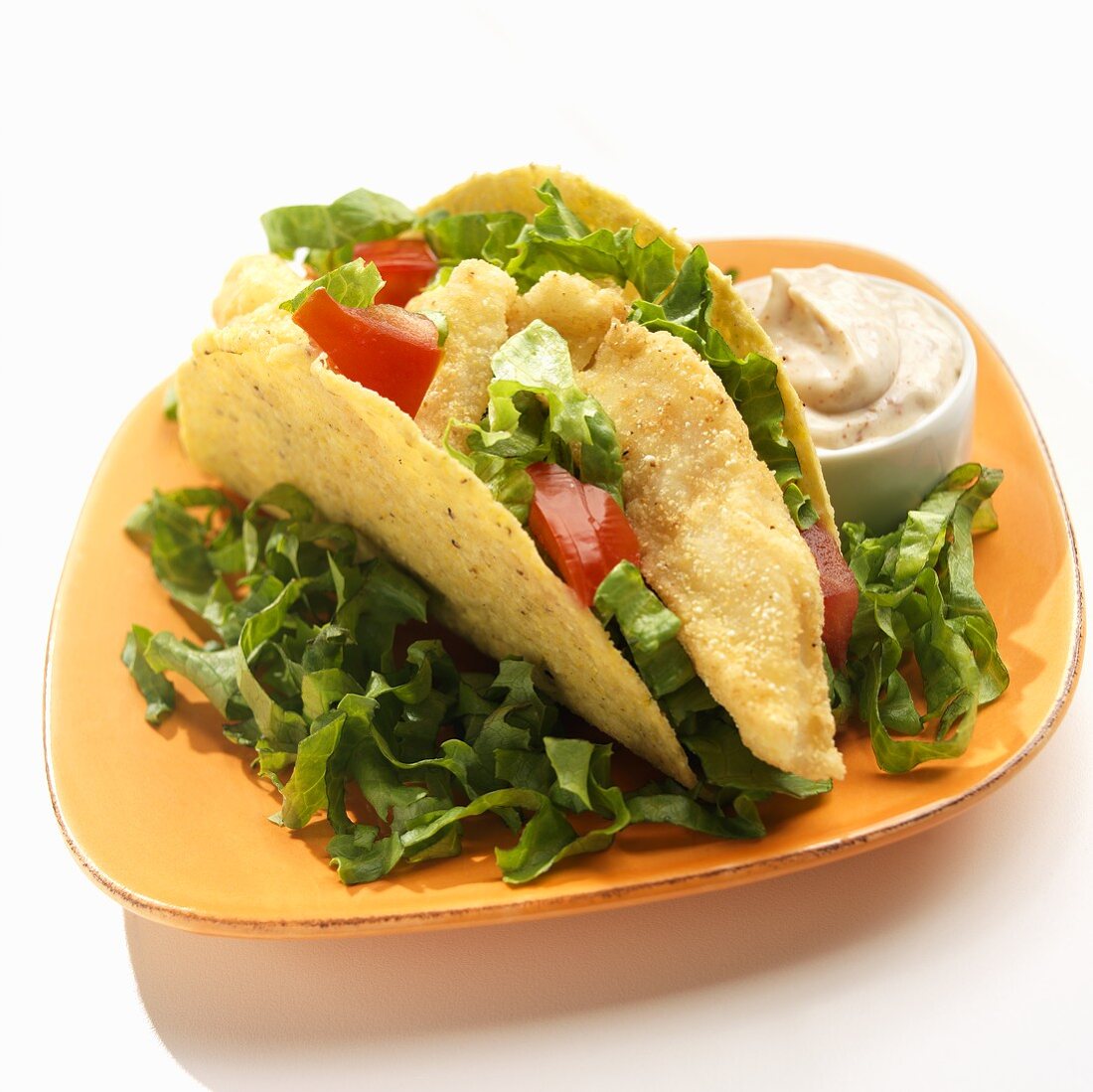 Taco mit frittiertem Fisch und Knoblauchdip auf Teller