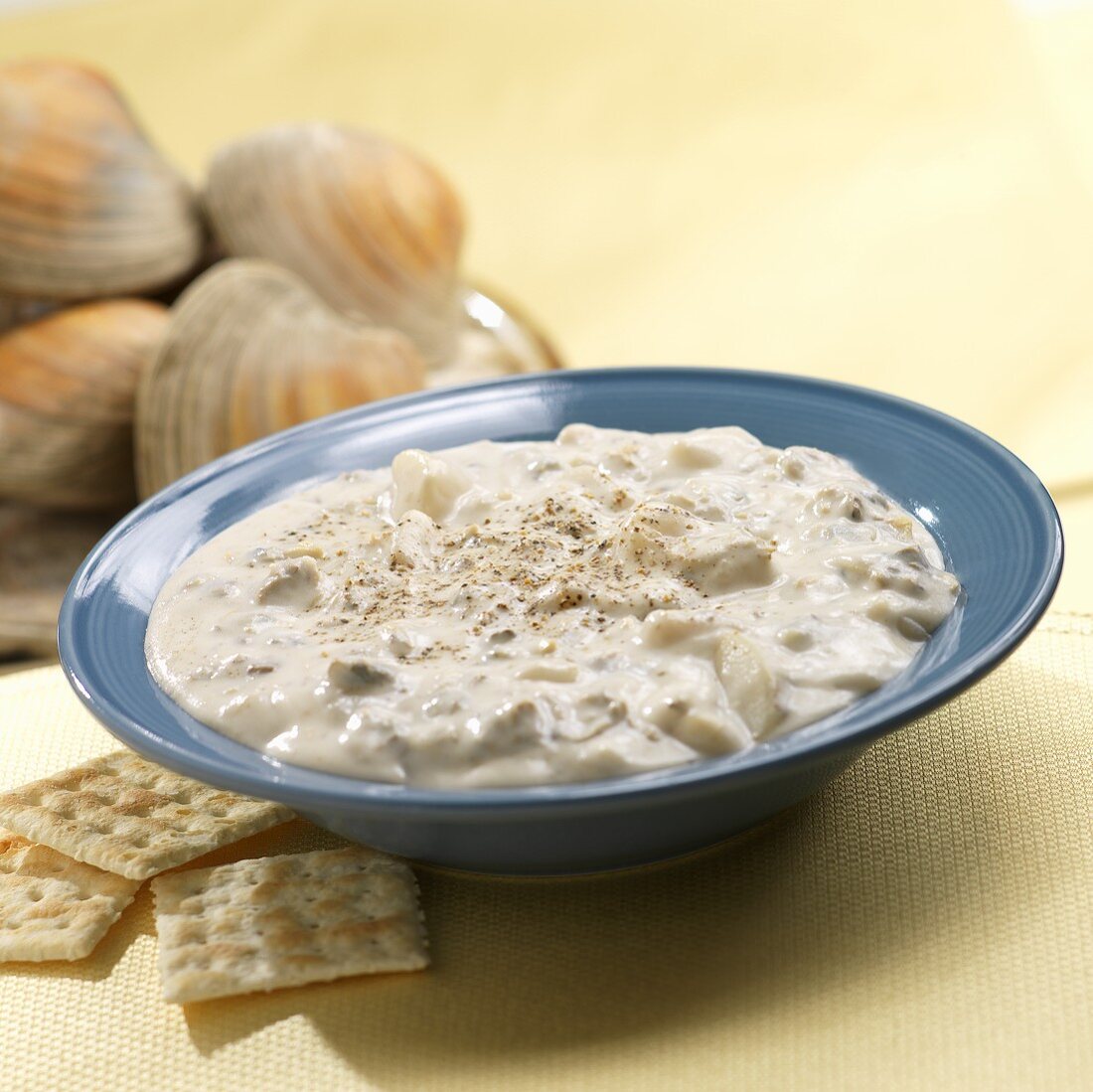 Bowl of Clam Chowder with Crackers