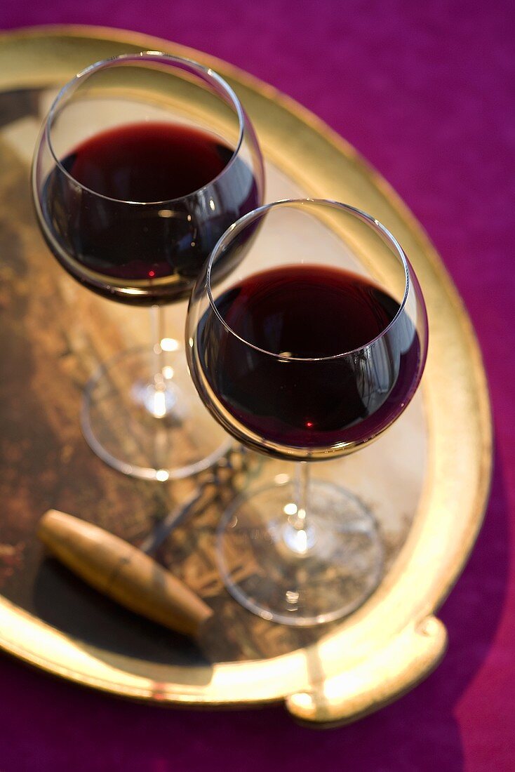 Two Glasses of Red Wine on a Tray