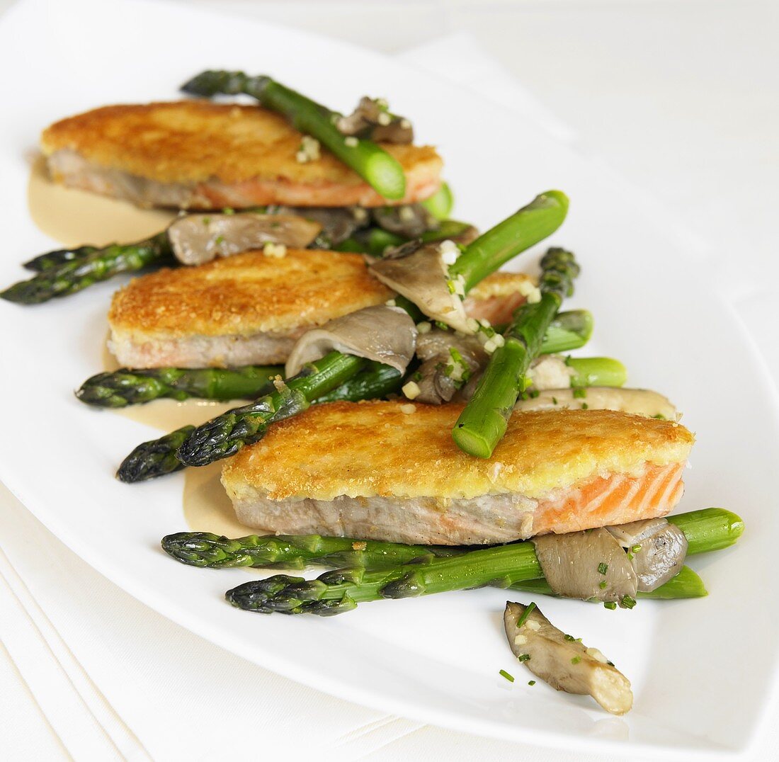 Salmon in Potato Crust with Asparagus and Mushrooms