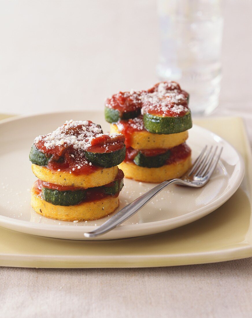 Stacked Polenta and Zucchini with Tomato Sauce