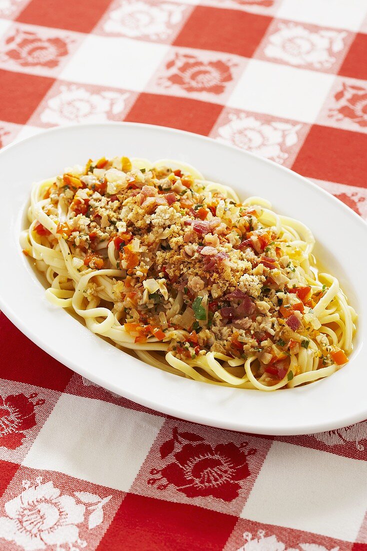 Clams Casino Over Linguini on Serving Plate