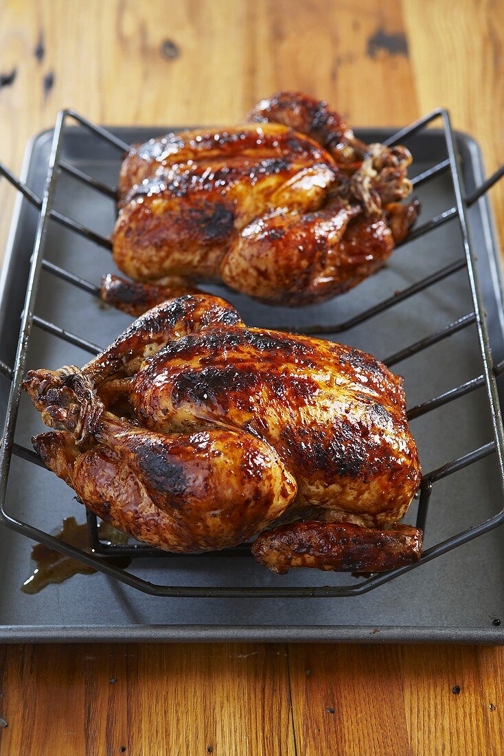 Glazed Grilled Roasted Whole Chickens on Rack