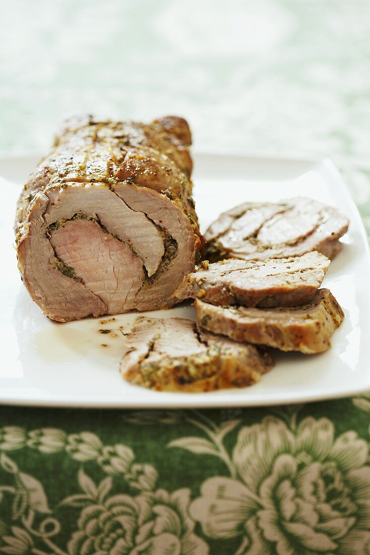 Partially Sliced Herb Stuffed Pork Shoulder