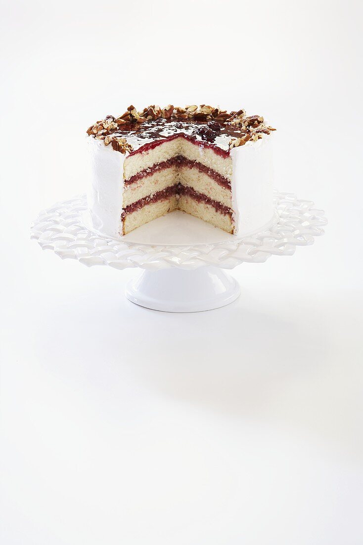 Three Layer White Cake with Cherry Preserves, Coconut and Pecans