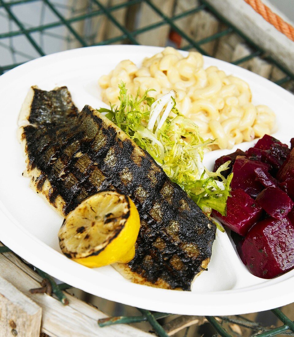Grilled Trout with Mac and Cheese and Beets