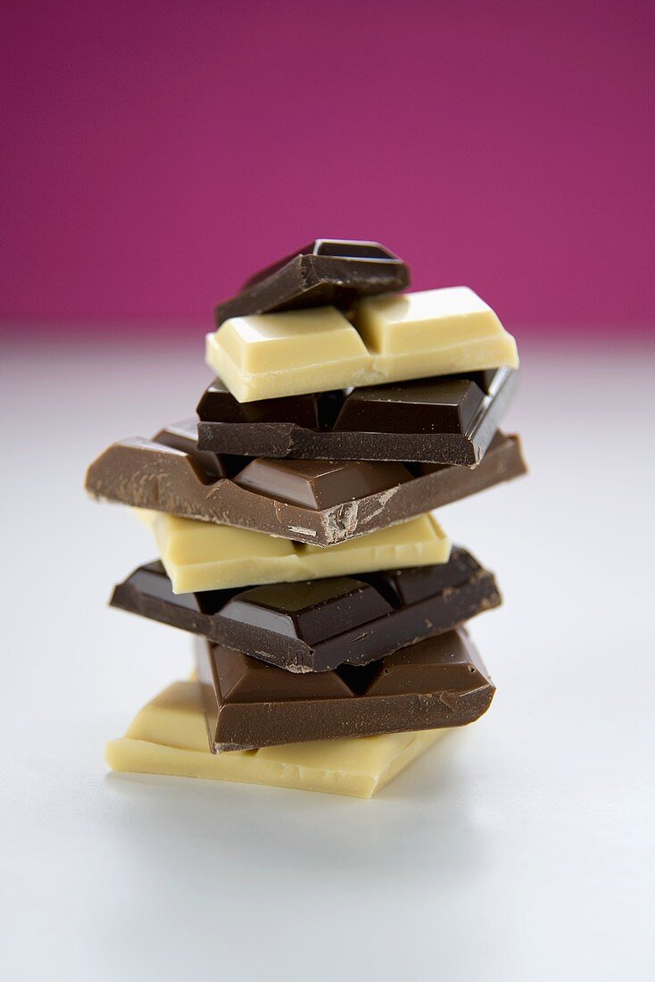 White, Dark and Milk Chocolate Pieces; Stacked