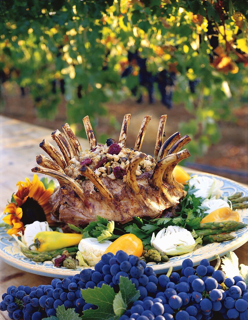 Lamb Rack on Platter on Outdoor Table in Vineyard