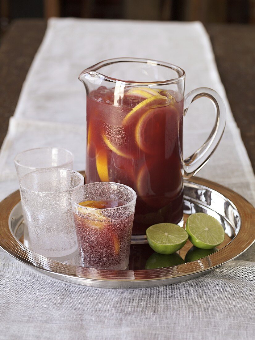 Pitcher of Sangria on Tray with Glasses