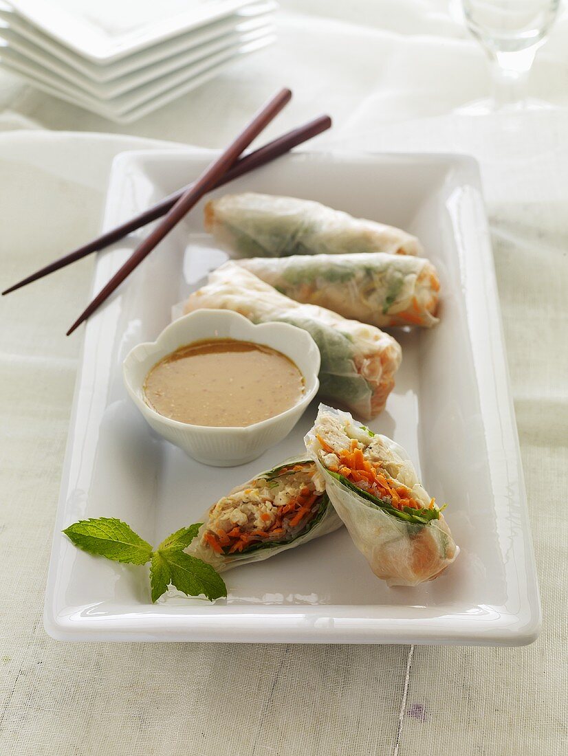 Spring Rolls with Dipping Sauce and Chopsticks