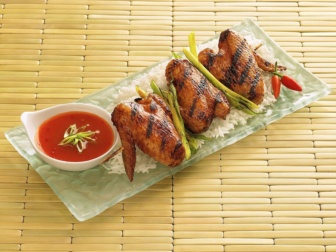 Grilled Asian Style Chicken Wings on Rice