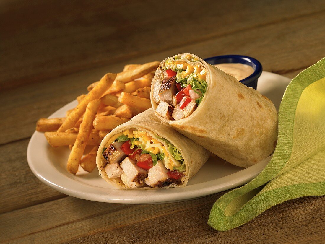 Southwestern Chicken Wrap; Halved with Fries