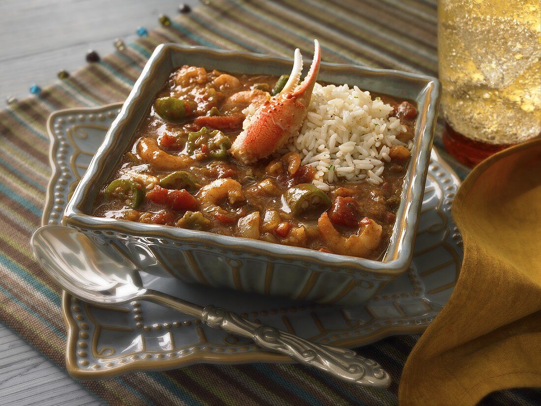 Gumbo with Rice in Square Bowl