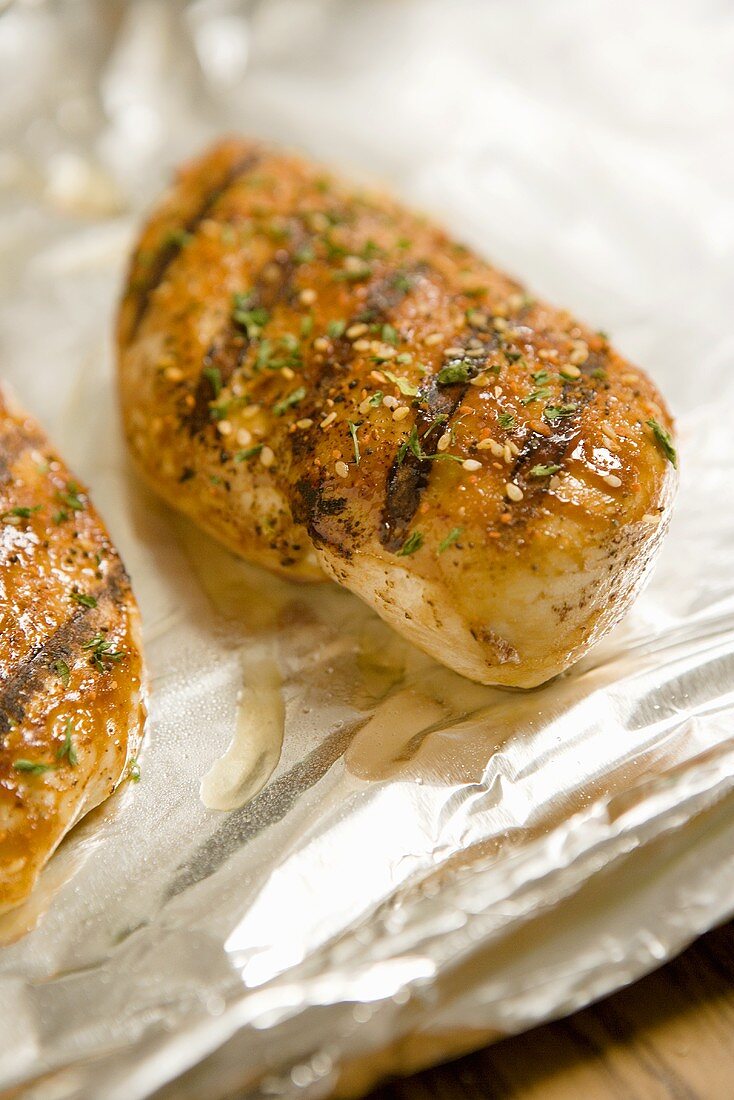 Grilled Seasoned Chicken Breasts on Foil