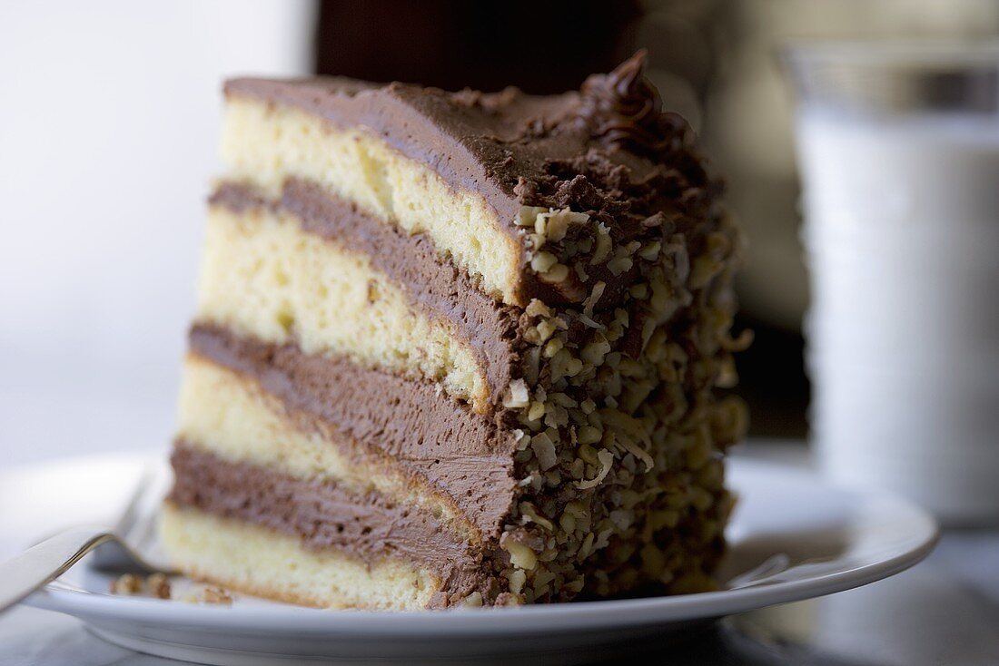 A Slice of Yellow Layer Cake with Chocolate Frosting and Nuts