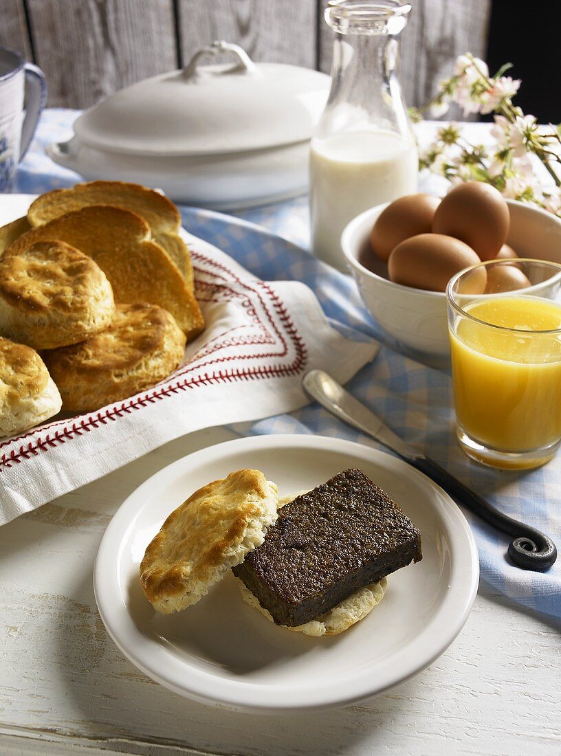 Fried Livermush Biscuit with Breakfast Foods