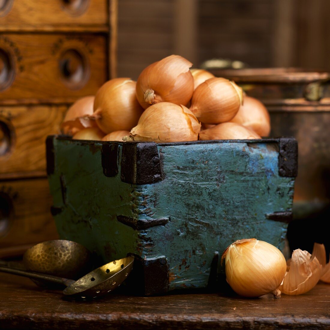 Yellow Onions in Rustic Box